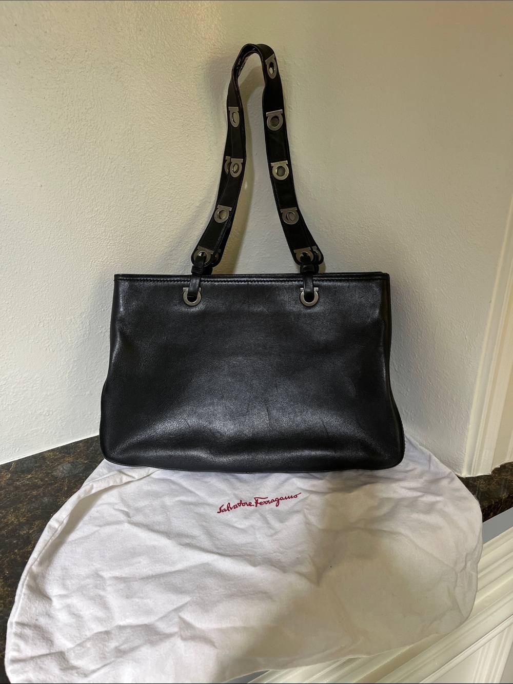 Salvatore Ferragamo Black Leather Shoulder Bag with Grommet-Strap Detail